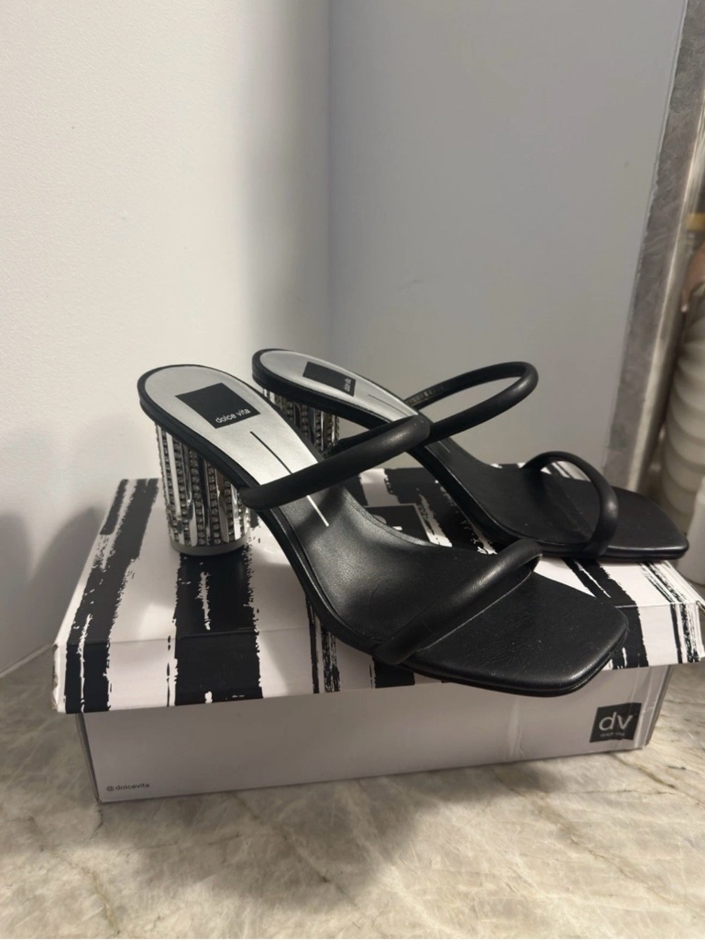 Dolce Vita Black Strappy Mule Heels with Embellished Block Heel 9.5